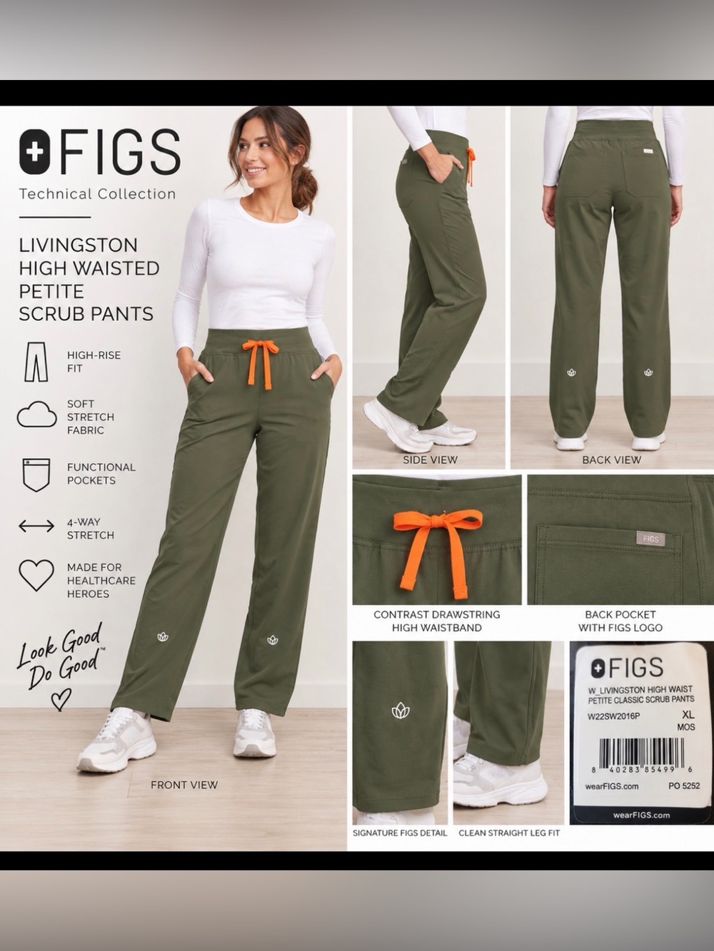 FIGS Livingston High Waisted Petite Scrub Pants XL Moss Green NWT